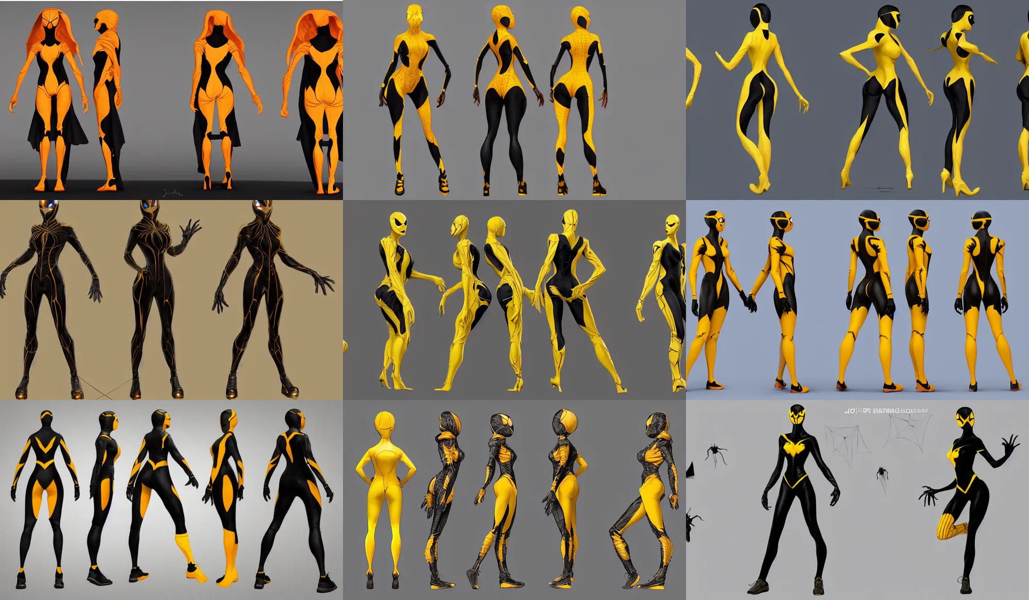 Prompt: full body character turnaround of a woman in an orb weaver inspired costume, character sheet, matte painting, spiderwoman!!!!!, john singer sargent, good value control, highly detailed portrait, character turnaround, digital painting, concept art, running shoes, sharp focus, smooth, 3 d model, illustration, yellow and black color scheme