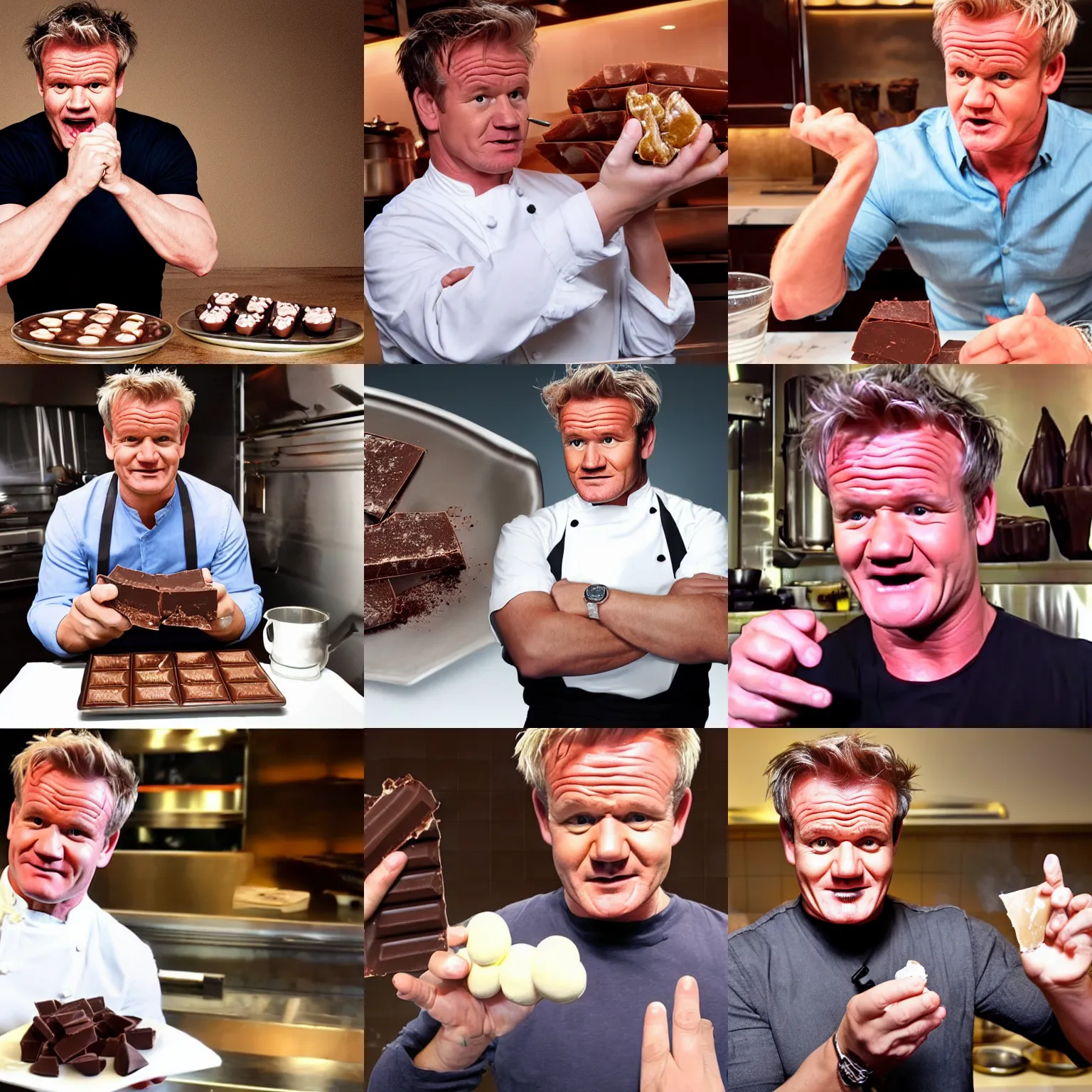 Prompt: gordon ramsey eats a badly made chocolate by the handful