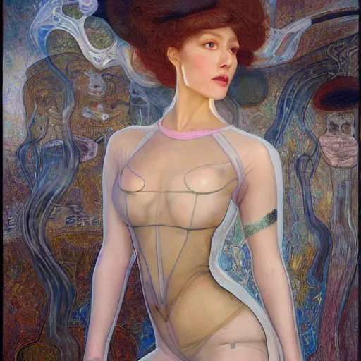 Image similar to full body portrait of a beautiful woman with a perfect face and body wearing a transparent plastic skin tight jumpsuit with circular cutouts, Edgar Maxence and Ross Tran and Michael Whelan and Gustav Klimpt