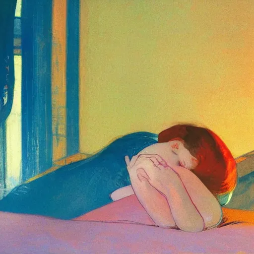 Prompt: close - up of a woman sleeps from behind in levitation above her bed vibrant by akihiko yoshida and edward hopper