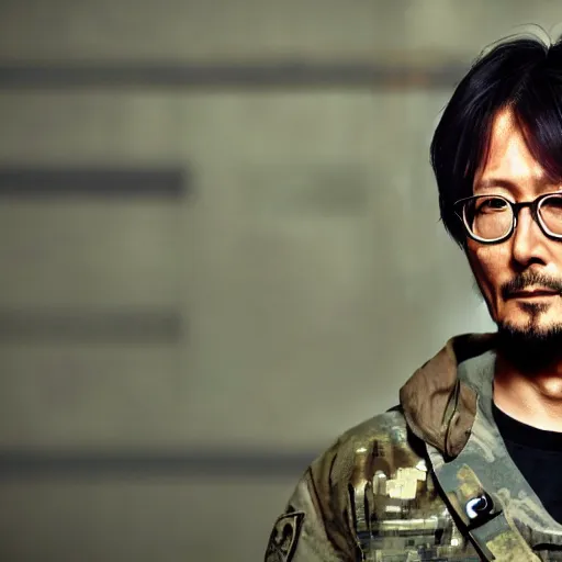 Image similar to Hideo Kojima in a secret United States Base, tense expression, hyper realistic, Cinematic lighting, 4k resolution 1080p