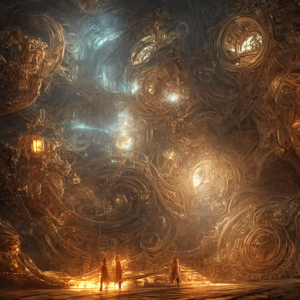 Image similar to time machine, mechanical fantasy, intricate, elegant, highly detailed, digital painting, concept art, smooth, sharp focus, illustration, divine realm of gods, realistic cinematic style, filmed in 70mm, volumetric lighting, octane render, photographic, concept art, artist Leonardo DaVinci, unreal engine 8k