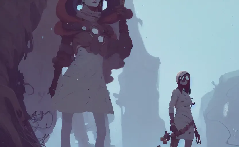 Image similar to female druid by atey ghailan, by greg rutkowski, by simon stalenhag, by greg tocchini, by james gilleard, by joe fenton, by kaethe butcher dynamic lighting, gradient light blue, brown, blonde cream and white color scheme, grunge aesthetic