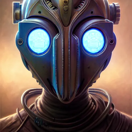 Image similar to front shot of a cyberpunk gazmask robot character, intricate, elegant, highly detailed, centered, digital painting, artstation, concept art, smooth, sharp focus, illustration, artgerm, Tomasz Alen Kopera, Peter Mohrbacher, donato giancola, Joseph Christian Leyendecker, WLOP, Boris Vallejo