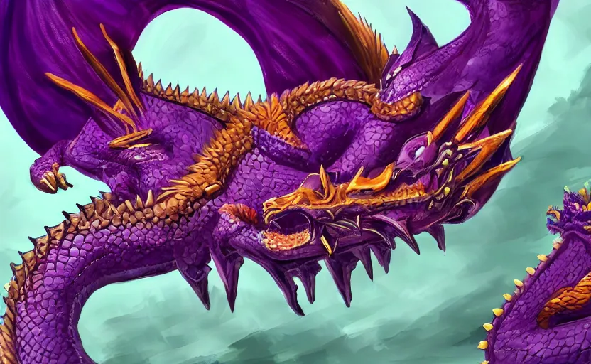 Image similar to a purple and gold dragon laying on its back, relaxing dragon, detailed digital art, artstation