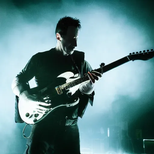 Prompt: Sweating Trent Reznor smashing guitars, group of people on stage playing instruments, elaborate stage effects, dust, smoke, giant LED screens, colored projections, ultrafine detail, cybersuit, glowing thin wires, smoke, high contrast, projections, holography, volumetric lighting