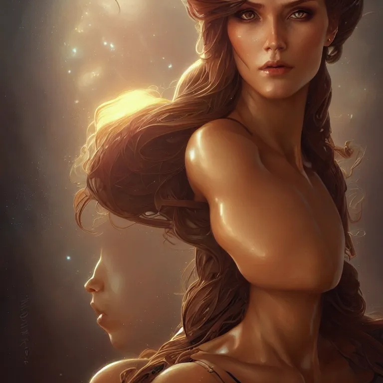 Image similar to futuristic woman portrait, sci-fi, amber eyes, face, long hair, fantasy, intricate, elegant, highly detailed, digital painting, artstation, concept art, smooth, sharp focus, illustration, art by artgerm and greg rutkowski and alphonse mucha