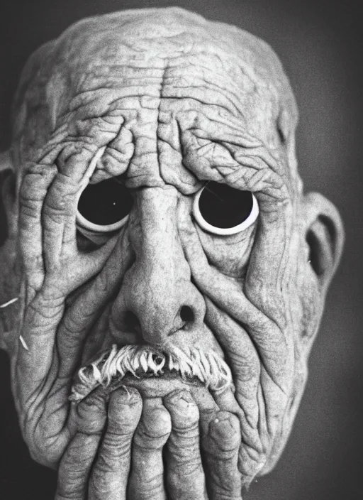 Image similar to A portrait photo of a very old cyclope man , high contrast, black and white