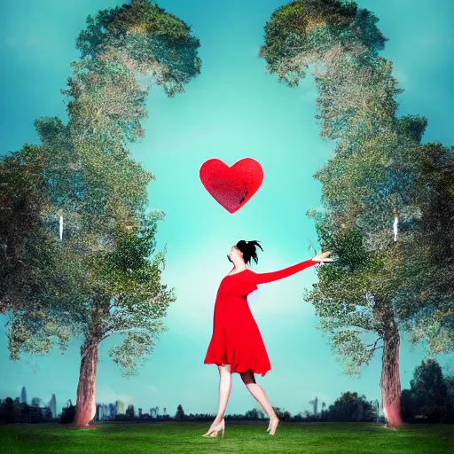 Prompt: a giantess man with a giant woman dancing together, enormous, big, photoshop, photo manipulation, trees, houses, street, hearts symbol, spotlight