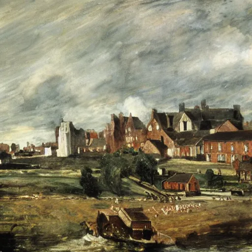 Prompt: English town being sacked by Normans, matte painting, by John Constable and Paul Nash