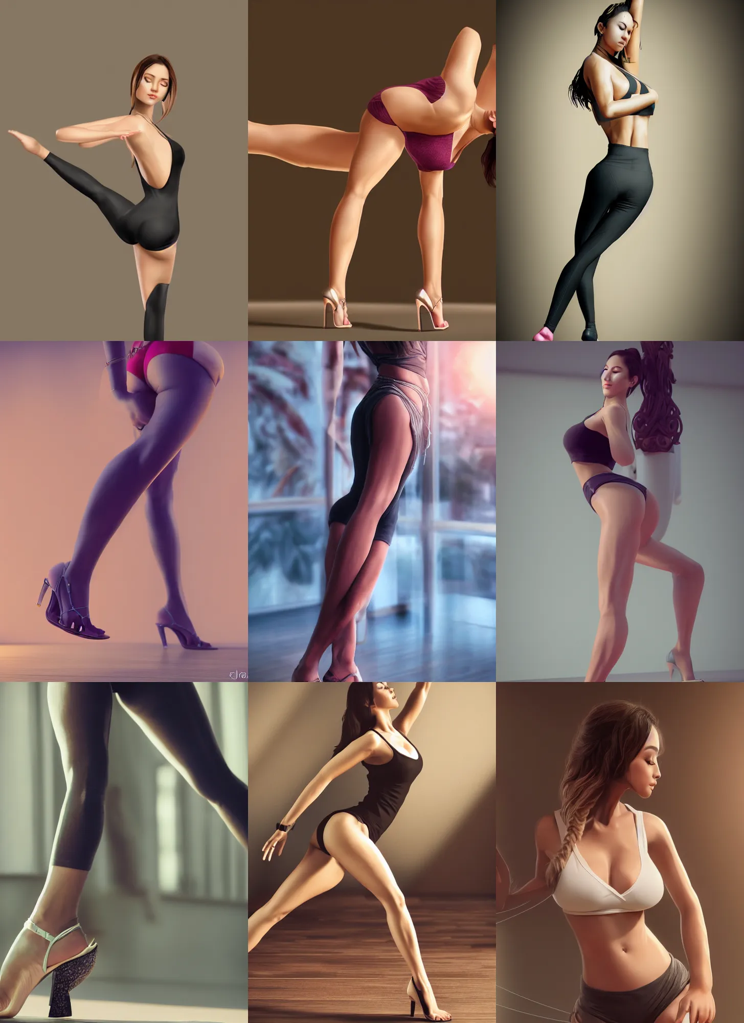 Prompt: very detailed photo of alluring yoga instructor, high heels, beautiful, pretty face, curvaceous, 4 k, cinematic lighting, highly detailed, sharp focus, artstation, masterpiece, art by hyungjin yang