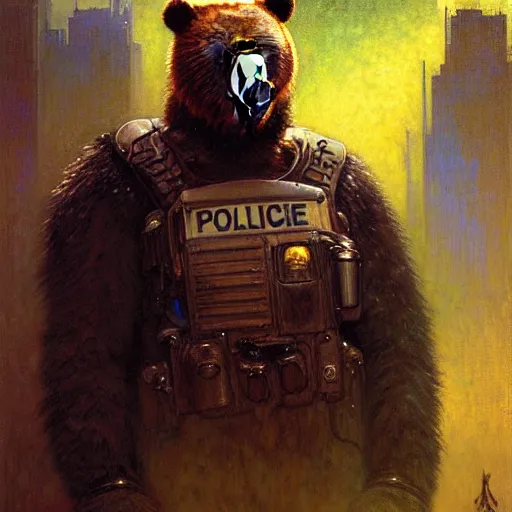 Image similar to portrait of a bear bearman in a police uniform. shadowrun furaffiniy cyberpunk fantasy highly detailed painting by gaston bussiere craig mullins jc leyendecker gustav klimt artgerm greg rutkowski john berkey, bergey, craig mullins, ruan jia, raymond swanland, jeremy mann, tom lovell, alex malveda