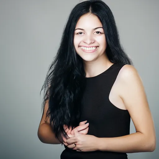 Image similar to young woman with shoulder - length messy black hair, slightly smiling, 1 3 5 mm nikon portrait