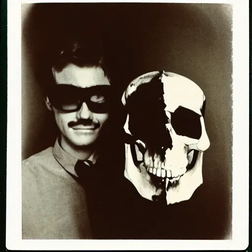 Prompt: selfie with a skull and an angel in the street of Night Vale, polaroid photo, by Warhol,