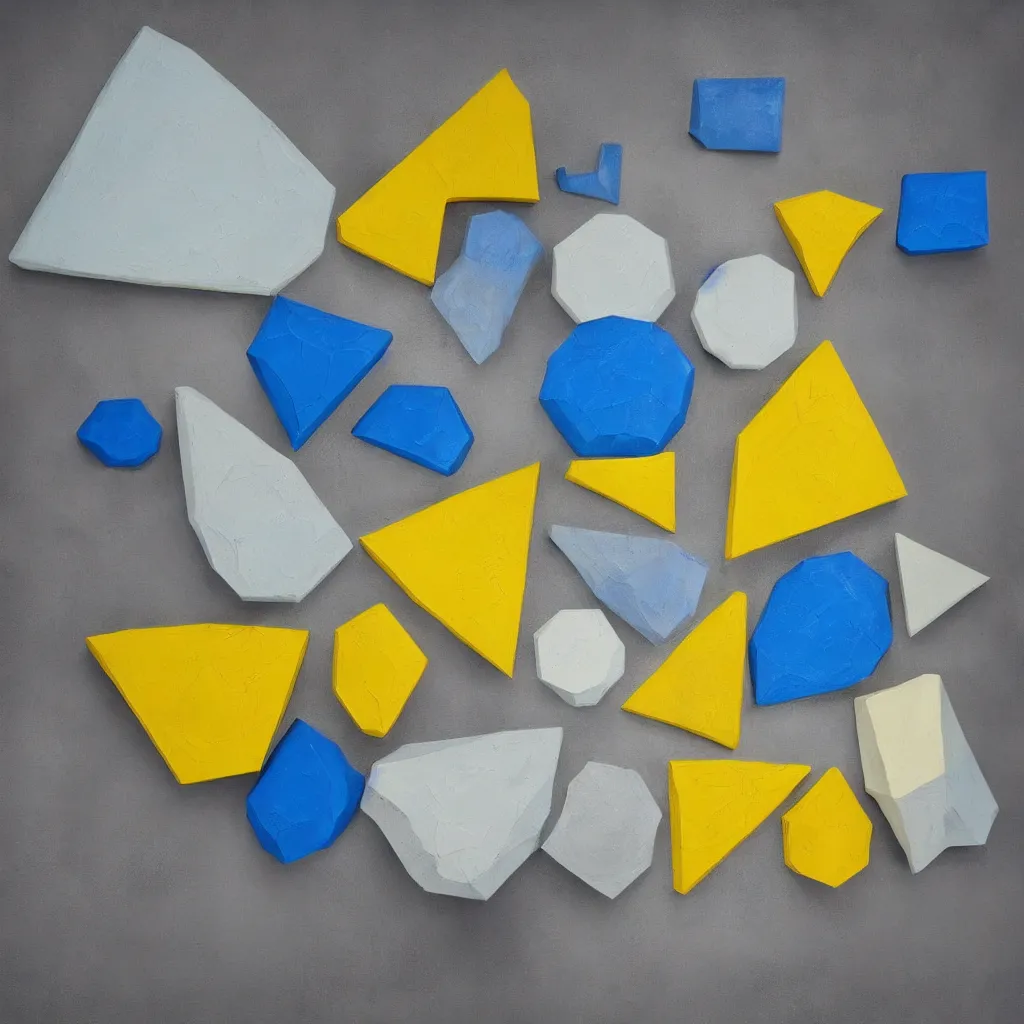 Image similar to 3 dimensional solid large geometric 3 d shapes made of solid impasto oil paint, with strong top right lighting creating shadows, colours cream naples yellow and blue - grey