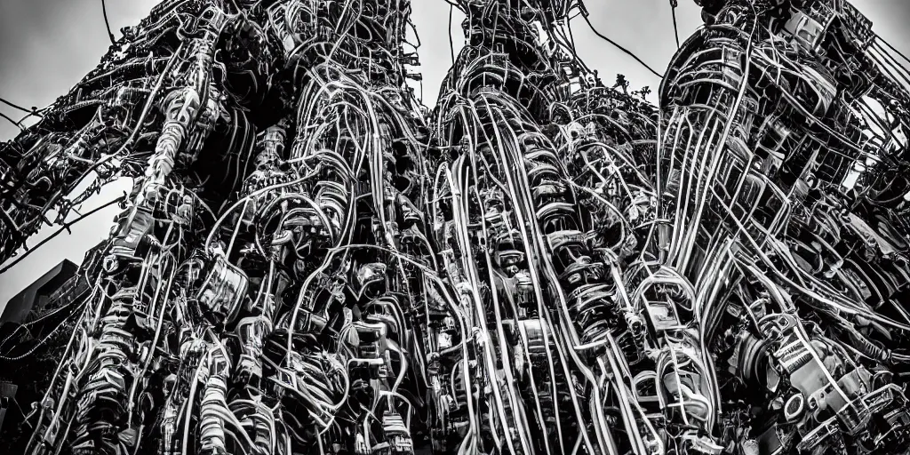 Prompt: Gigantic cyborg, intricate detail, robot parts, wires, colossal, towering over the city, large city, expansive, massive, sense of scale, depth, 18mm lens, photography