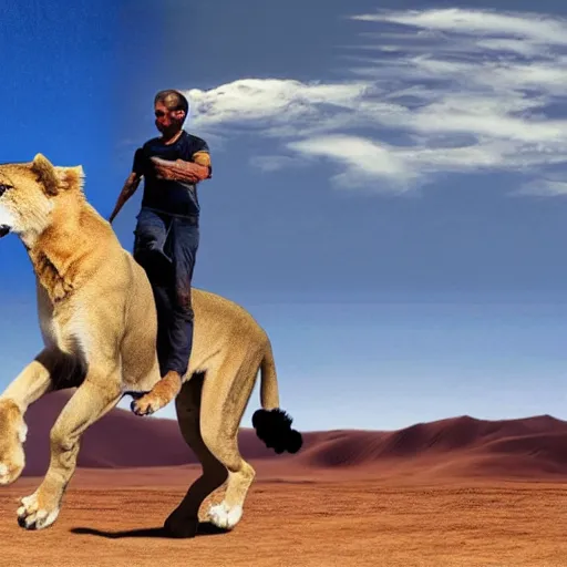 Prompt: bad copy paste photoshop of a man riding a lion in the desert.