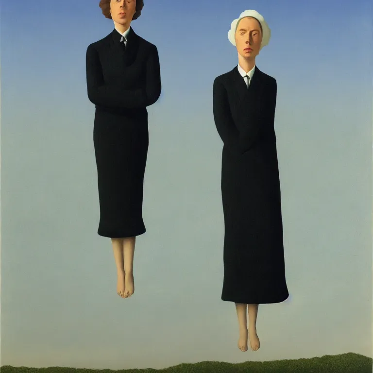 Image similar to portrait of a faceless shadow - head woman in a suit, clouds in the background, by rene magritte, detailed painting, distance, centered, hd, hq, high resolution, high detail, 4 k, 8 k