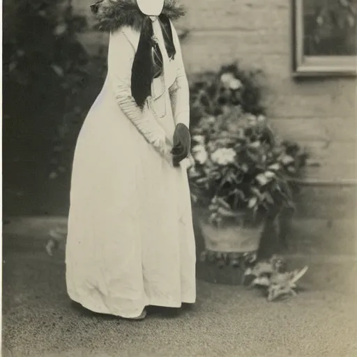 Prompt: a rabbit dressed as an edwardian woman, black and white old photograph