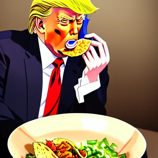 Prompt: beautiful makoto shinkai anime style digital painting portrait of donald trump eating a taco bowl, 4 k, 8 k, hd, high resolution, highly detailed, intricate detail, ultra realistic faces, digital art, trending on artstation, your name, weathering with you