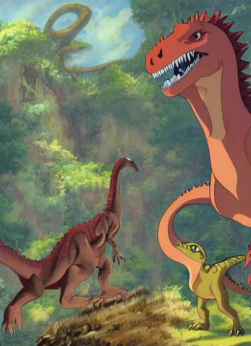 Image similar to official digital painting artwork of dinosaur character by don bluth, ross tran and studio ghibli.