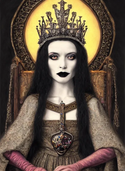 Image similar to highly detailed closeup portrait of a goth medieval queen wearing a crown and sitting on a throne, nicoletta ceccoli, mark ryden, earl norem, lostfish, global illumination, god rays, detailed and intricate environment