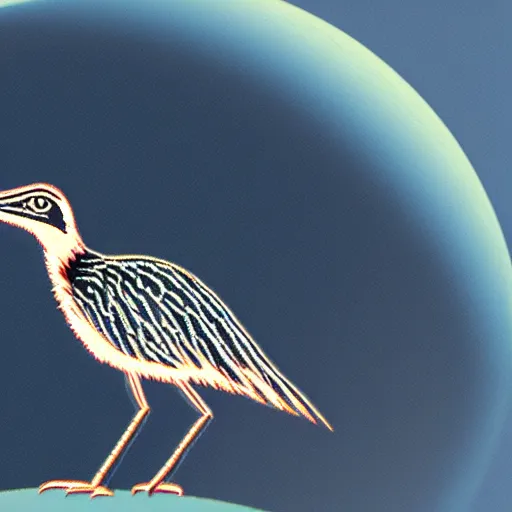 Prompt: roadrunner against the background of the planet mercury in blue and white