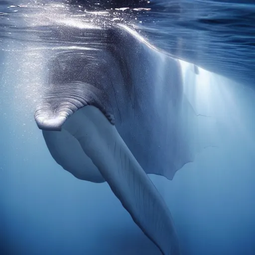 Image similar to underwater photo by national geographic and mort kunstler and annie leibovitz and monia merlo, a stunning blue whale completely covered in a long billowing flowing white sheet swimming through the ocean, backlit, 4 d, 4 k, volumetric lighting, photorealistic, light ray, hyperdetailed