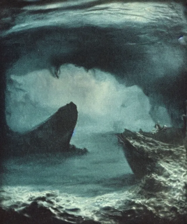 Image similar to color photo of a 1 9 2 5 seiner sailing with the jamaican shoreline with the mouth of a sea cave at the waterline, dark, brooding, atmospheric, seascape, lovecraft, horror, smooth, epic, highly detailed, cinematic