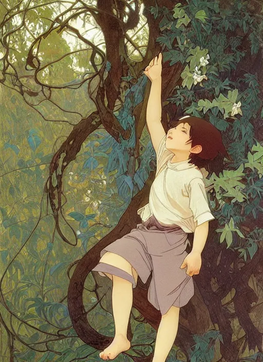 Prompt: young boy with long hair, climbing a tree, path traced, highly detailed, high quality, digital painting, by studio ghibli and alphonse mucha, leesha hannigan, hidari, art nouveau, chiho aoshima, jules bastien - lepage