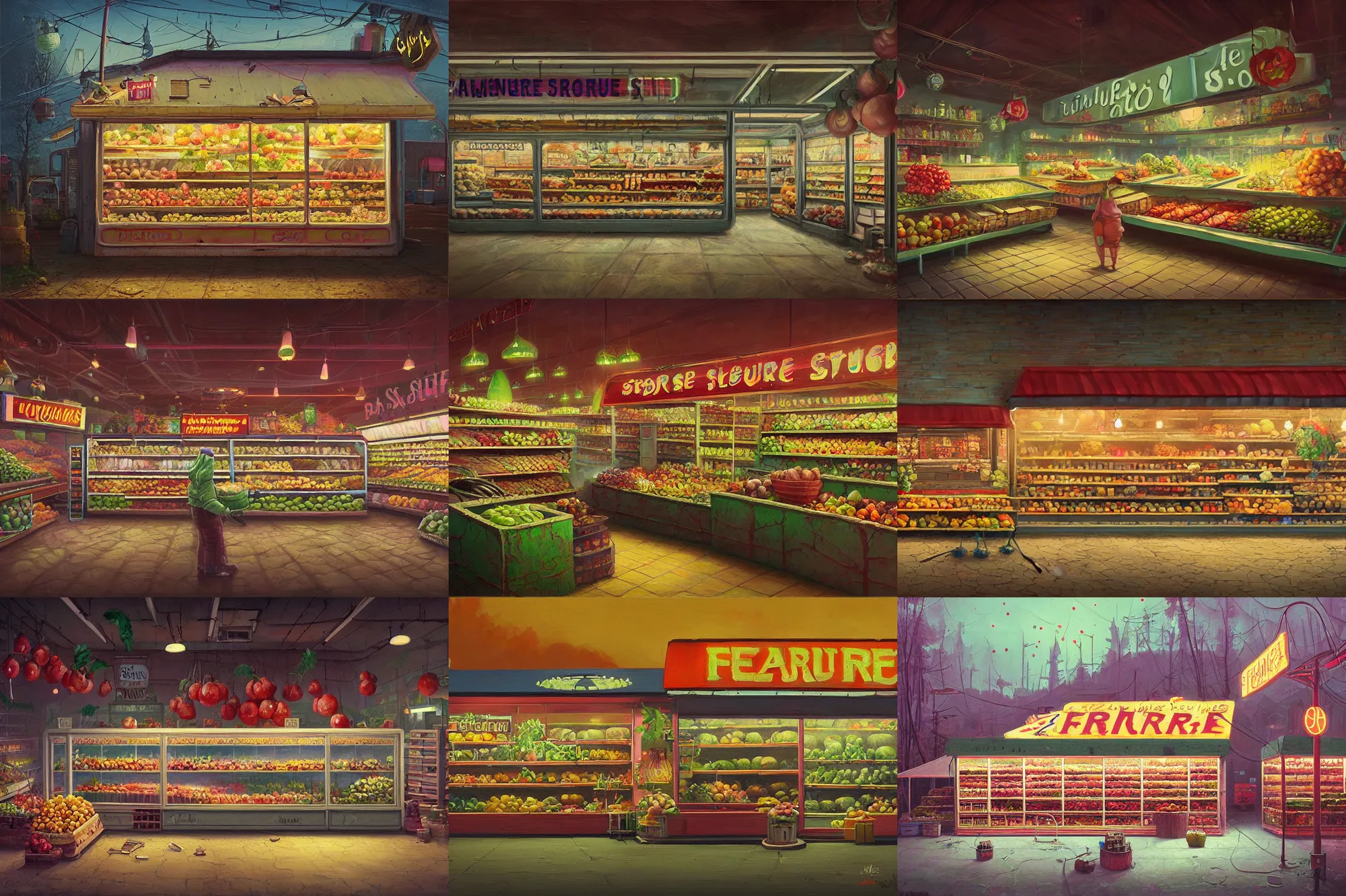 Prompt: beautiful painting of a dreamy fruit store in the style of Simon Stålenhag and H. R. Giger, detailed, trending on Artstation