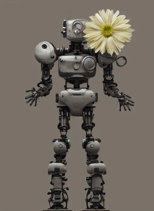 Prompt: detailed full body concept art illustration pastel painting of a robot holding a flower, ultra detailed, digital art, octane render, dystopian, micro detail, 4k