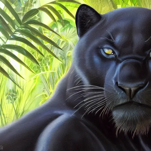 Image similar to oil on canvas of one beautiful majestic black panther. beautiful. mysterious. intricately detailed. meticulously rendered. background is a jungle. 8 k hd. trending on art station. h 7 6 8