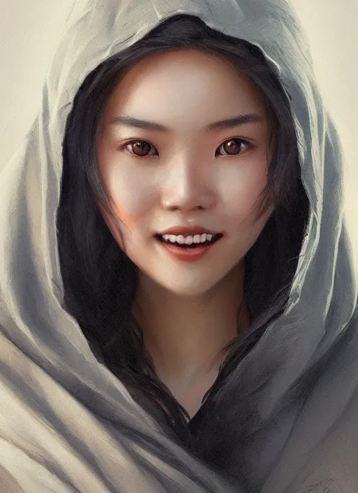 Prompt: Close-up portrait of smiling young asian woman wearing hood, portrait, highly detailed, digital painting, artstation, concept art, sharp focus, illustration, art by artgerm and greg rutkowski and alphonse mucha