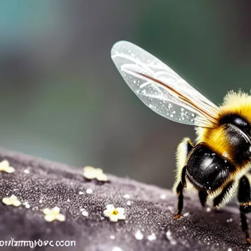 Image similar to a bee trying to reach a huge snowflake, beautiful macro photography, ambient light