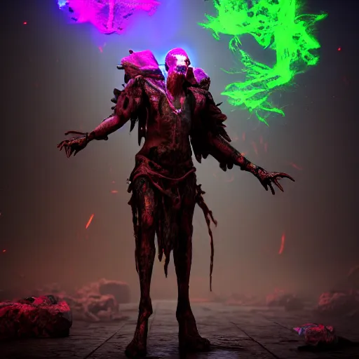 Prompt: A necromancer pulsing with necrotic energy, Art by nick sullo, power auras, sigils, tattered cloth robes, substance 3d painter, PBR textures, Physical based rendering, cinematic, hyper realism, high detail, octane render, unreal engine, 8k, Vibrant colors, Smooth gradients, High contrast, depth of field, aperture f2.8