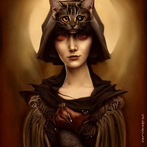 Image similar to a painting of a woman with a cat on her shoulder, a character portrait by tom bagshaw, featured on deviantart, gothic art, wiccan, lowbrow, goth