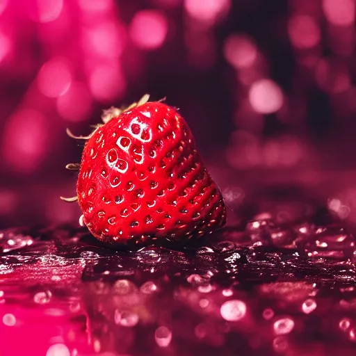 Image similar to a macro photo of a wet strawberry, hyper realistic, hyper detailed, 35mm, very grainy film, pink volumetric studio lighting, bokeh, black background award winning shot, vogue magazine, cinematic, 8k, very closeup, elegant, tender, pastel