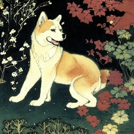 Image similar to a red akita inu in a moonlit palace garden, by warwick goble and kay nielsen