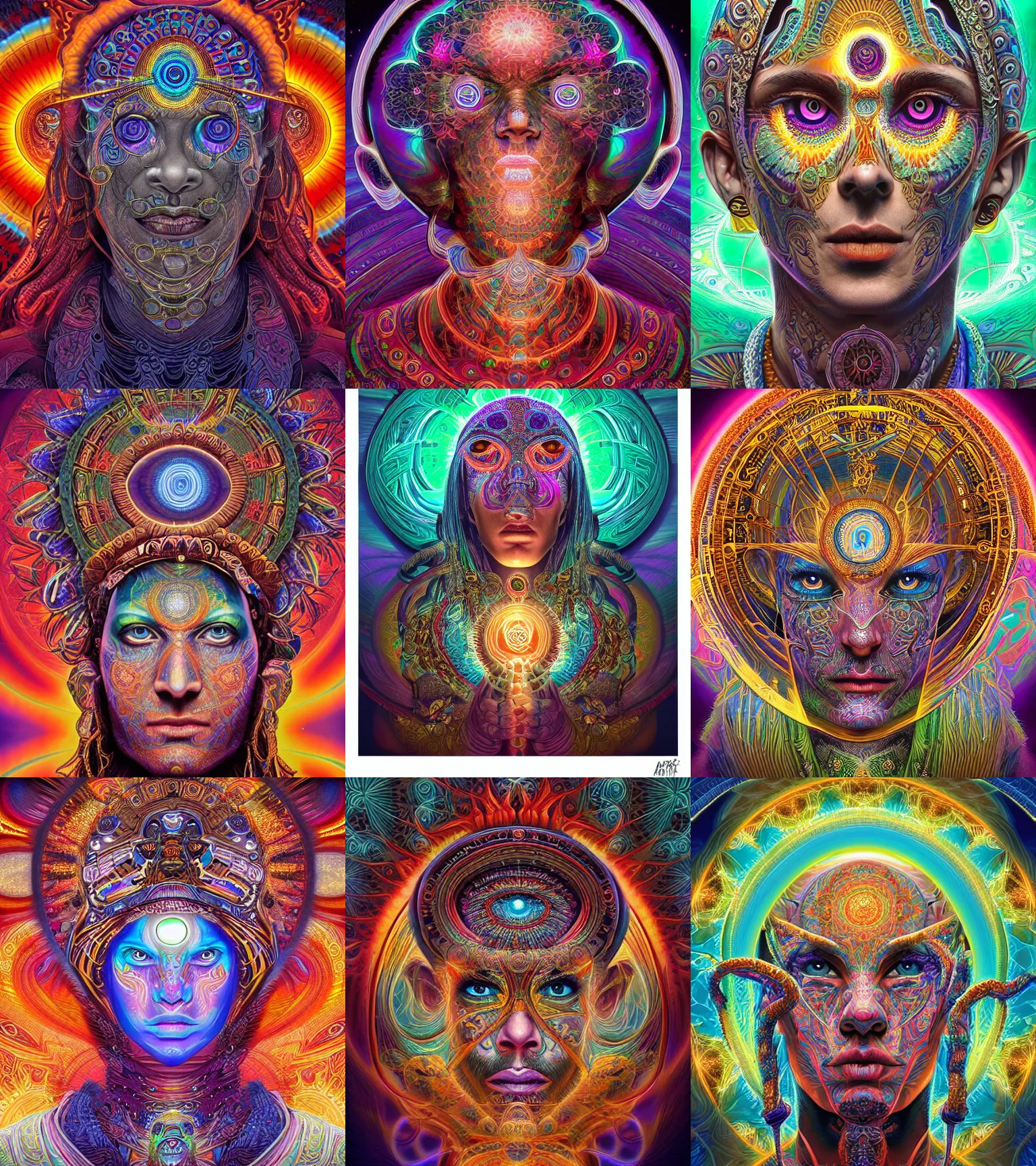 Prompt: a intricate ornate psychedelic image of a shaman with a glowing third eye, digital art by artgerm, alex grey, dan mumford, felix kelly, psychedelic art, psychedelic, fractalism, fractals, sacred geometry, trending on artstation, hyper realism, highly detailed, cgsociety, octane render, 3 d