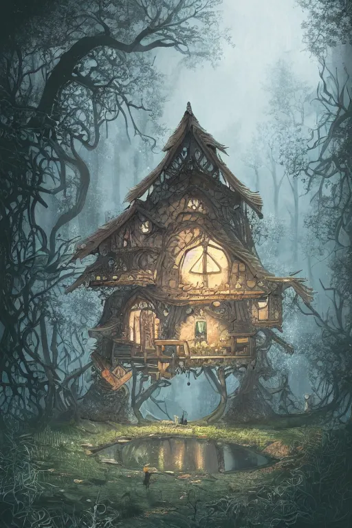 Image similar to a minimalist storybook illustration of a ramshackle multistory fairytale hut in the forest, intricate, elegant, fantasy, highly detailed, digital painting, concept art, sharp focus, artstation