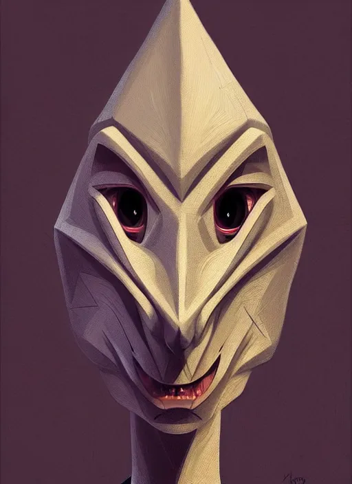 Prompt: anthropomorphic triangle head in edgy darkiron mr. bean, intricate, elegant, highly detailed animal monster, digital painting, artstation, concept art, smooth, sharp focus, illustration, art by artgerm, richard corben, wayne barlowe, trending on artstation and greg rutkowski and alphonse mucha, 8 k