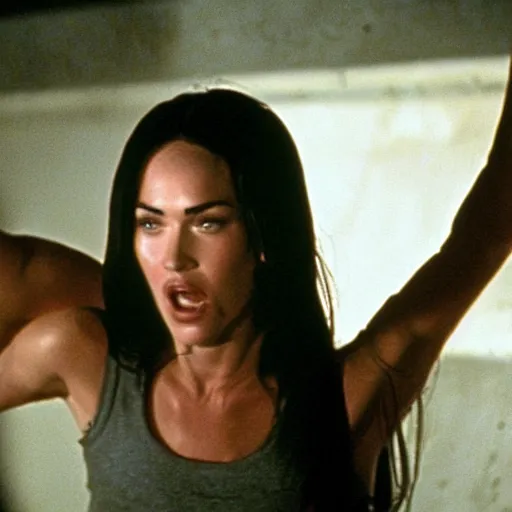 Prompt: film still of Megan Fox being held against a wall by a predator in the movie Alien.
