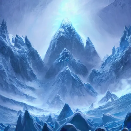 Image similar to blue glacier volcano eruption, blue glacier volcano eruption, blue liquid and snow, blue glacier volcano eruption, snow dust everywhere, snow army battlefield, ice cold blue theme, bright masterpiece artstation. 8 k, sharp high quality artwork in style of jose daniel cabrera pena and greg rutkowski, concept art by tooth wu, blizzard warcraft artwork, hearthstone card game artwork