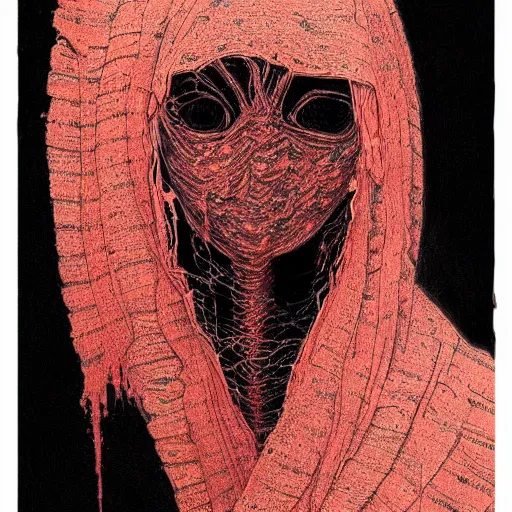 Image similar to a portrait bandaged mummy, smooth lines, red splatters, in the style of zdzisław beksinski and junji ito, trending on artstation deviantart pinterest