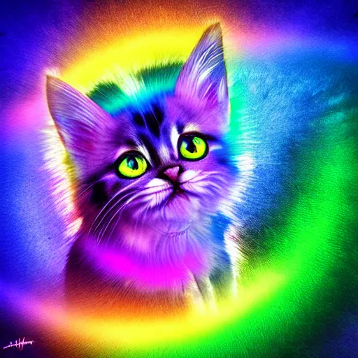 Image similar to of a very proud fluffy rainbow kitten with a glowing rainbow aura, digital art