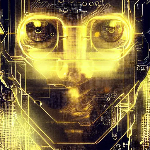 Image similar to a face covered in computer circuits, scifi, bladerunner, cyberpunk, heavy ink, yellow, very detailed eyes, 8 k resolution, by wlop, greg rutkowski