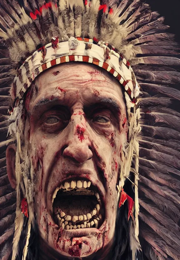 Prompt: close up portrait of zombie Pope Francis wearing a Native American Indian Feathered Headdress War Bonnet, dead redemption, by James Gilleard and Beeple