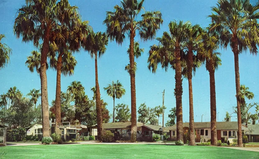 Prompt: color photograph 1 9 5 0 s us suburb, trees, vibrant green lawns, one story bungalows in a variety of colors, blue sky, californian palm trees