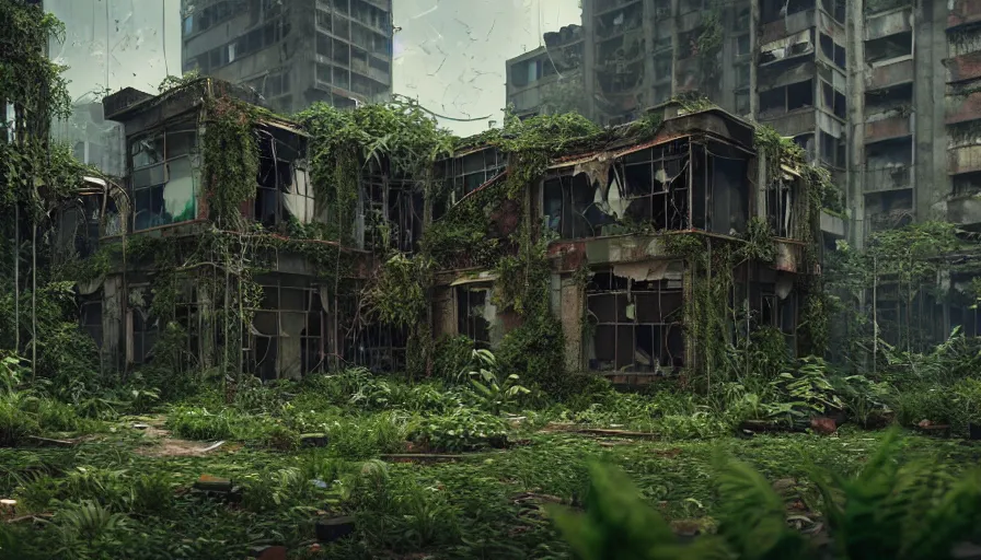 Image similar to Abandoned Building Overgrown by beautiful plants, Dystopian Slum, Hyperrealism, Hyperdetailed, Intricate Details, Anamorphic Lens, Cinematic Lighting, Volumetric Lights, Raytracing Reflections, Unreal Engine 5